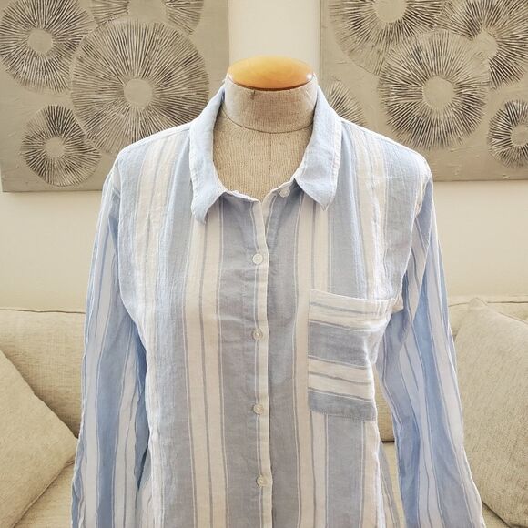 Socialite Striped Cotton Button Down Shirt size Large in Blue - Picture 5 of 14